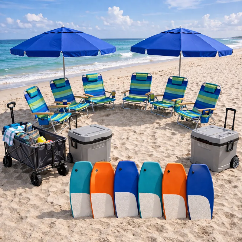 Beach Party Pack with coolers, canopies, and beach setup