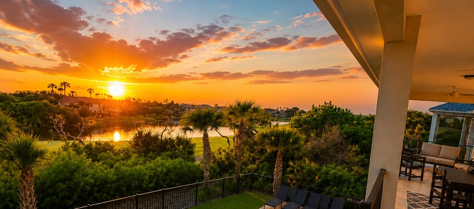 Sunset over the private pool at 7 Palms at Cinnamon Beach
